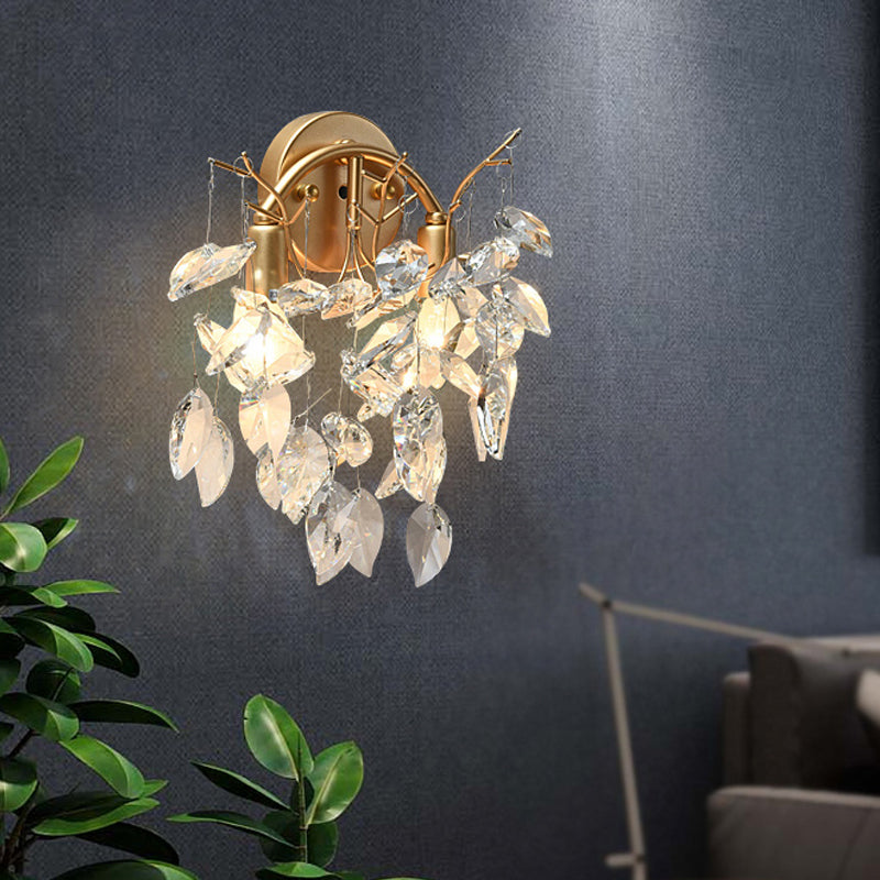 Postmodern Leaf Faceted Crystal Wall Mount Light 4 Lights Sconce Light Fixture in Brass Brass Clearhalo 'Cast Iron' 'Glass' 'Industrial' 'Modern wall lights' 'Modern' 'Tiffany' 'Traditional wall lights' 'Wall Lamps & Sconces' 'Wall Lights' Lighting' 221506