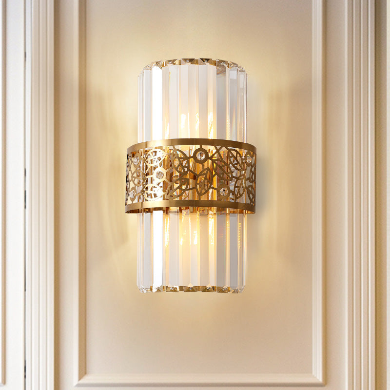 Cylinder Wall Light Modernist Crystal Rectangle 2 Lights Study Room Sconce Light with Brass Hollow Belt Clearhalo 'Modern wall lights' 'Modern' 'Wall Lamps & Sconces' 'Wall Lights' Lighting' 221512