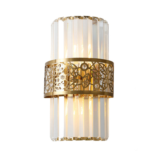 Cylinder Wall Light Modernist Crystal Rectangle 2 Lights Study Room Sconce Light with Brass Hollow Belt Clearhalo 'Modern wall lights' 'Modern' 'Wall Lamps & Sconces' 'Wall Lights' Lighting' 221514