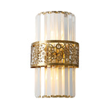 Cylinder Wall Light Modernist Crystal Rectangle 2 Lights Study Room Sconce Light with Brass Hollow Belt Clearhalo 'Modern wall lights' 'Modern' 'Wall Lamps & Sconces' 'Wall Lights' Lighting' 221514