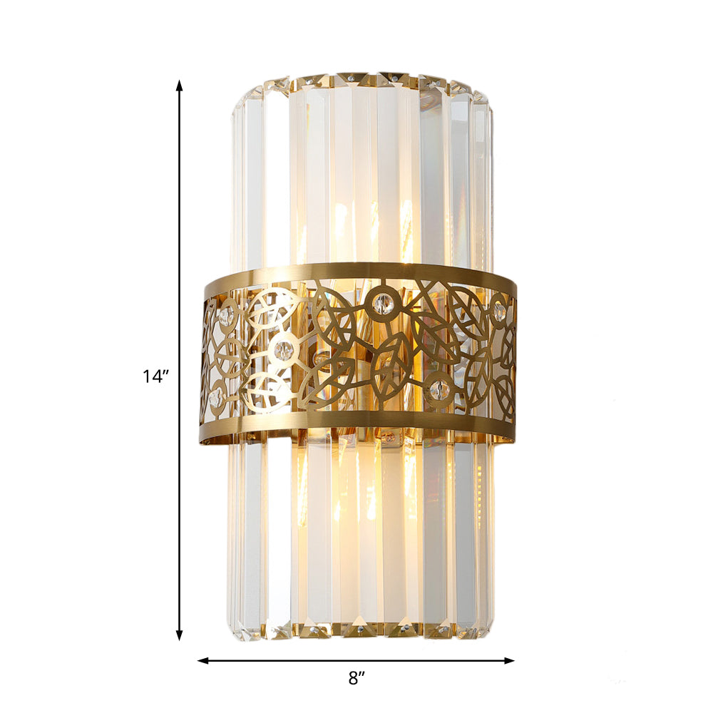 Cylinder Wall Light Modernist Crystal Rectangle 2 Lights Study Room Sconce Light with Brass Hollow Belt Clearhalo 'Modern wall lights' 'Modern' 'Wall Lamps & Sconces' 'Wall Lights' Lighting' 221515