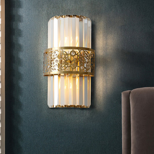 Cylinder Wall Light Modernist Crystal Rectangle 2 Lights Study Room Sconce Light with Brass Hollow Belt Brass Clearhalo 'Modern wall lights' 'Modern' 'Wall Lamps & Sconces' 'Wall Lights' Lighting' 221516