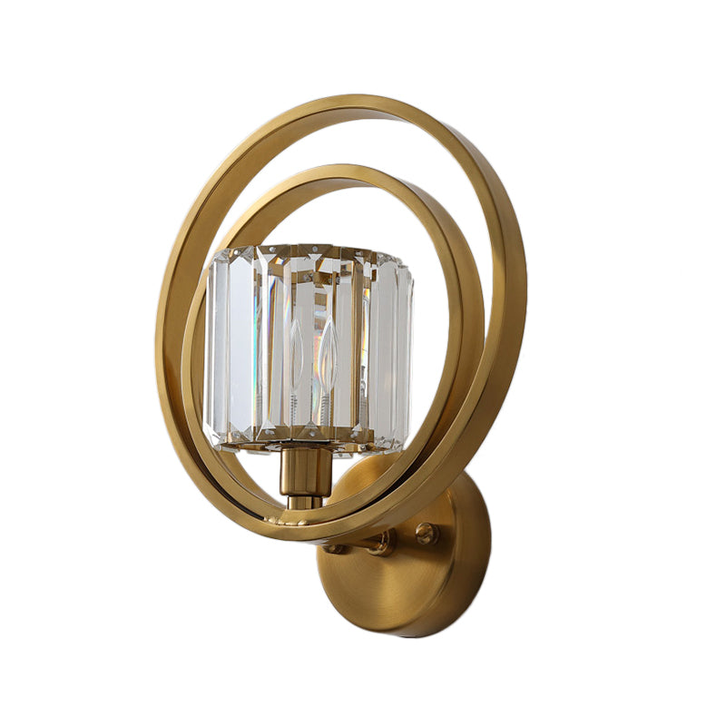 Crystal Block Drum Wall Mount Light Postmodern 1 Light Sconce Light Fixture with Brass Orb Frame Brass Clearhalo 'Modern wall lights' 'Modern' 'Wall Lamps & Sconces' 'Wall Lights' Lighting' 221519