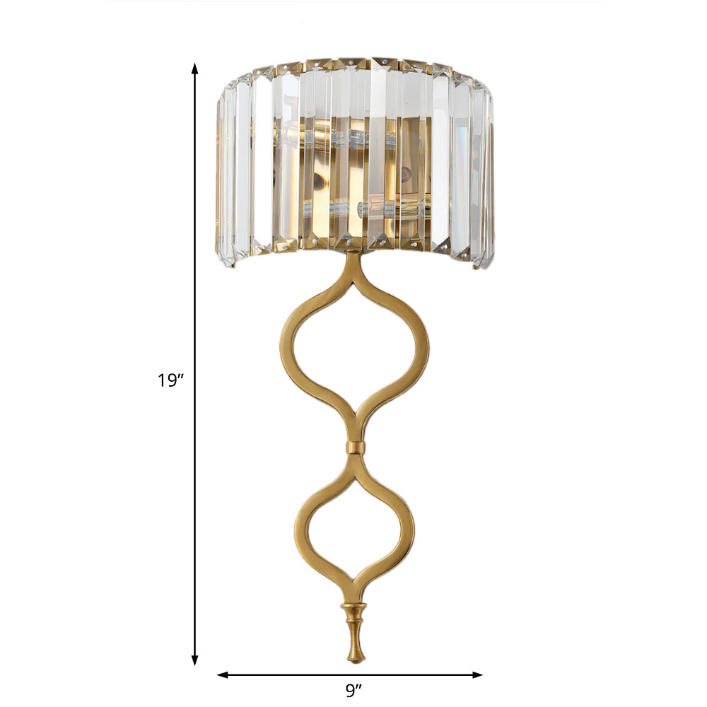 Contemporary 2 Lights Wall Mount Light with Crystal Rectangle Shade Brass Half Cylinder Sconce Light Clearhalo 'Modern wall lights' 'Modern' 'Wall Lamps & Sconces' 'Wall Lights' Lighting' 221525