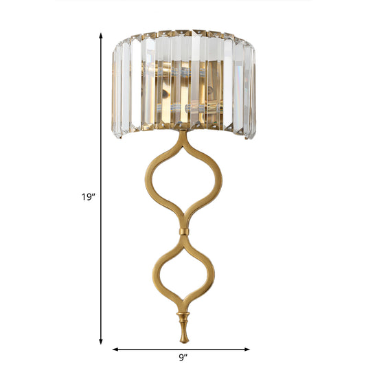 Contemporary 2 Lights Wall Mount Light with Crystal Rectangle Shade Brass Half Cylinder Sconce Light Clearhalo 'Modern wall lights' 'Modern' 'Wall Lamps & Sconces' 'Wall Lights' Lighting' 221525