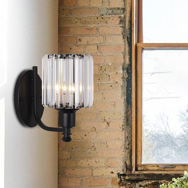 Contemporary Cylinder Wall Light Sconce Crystal Rectangle 1 Light Bedroom Sconce Light with Black/Gold Backplate Black Clearhalo 'Cast Iron' 'Glass' 'Industrial' 'Modern wall lights' 'Modern' 'Tiffany' 'Traditional wall lights' 'Wall Lamps & Sconces' 'Wall Lights' Lighting' 221536