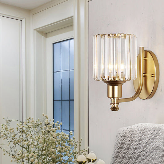 Contemporary Cylinder Wall Light Sconce Crystal Rectangle 1 Light Bedroom Sconce Light with Black/Gold Backplate Clearhalo 'Cast Iron' 'Glass' 'Industrial' 'Modern wall lights' 'Modern' 'Tiffany' 'Traditional wall lights' 'Wall Lamps & Sconces' 'Wall Lights' Lighting' 221539