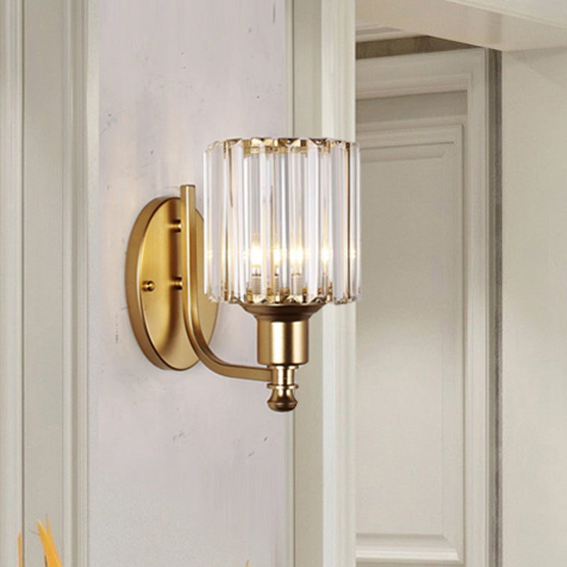 Contemporary Cylinder Wall Light Sconce Crystal Rectangle 1 Light Bedroom Sconce Light with Black/Gold Backplate Gold Clearhalo 'Cast Iron' 'Glass' 'Industrial' 'Modern wall lights' 'Modern' 'Tiffany' 'Traditional wall lights' 'Wall Lamps & Sconces' 'Wall Lights' Lighting' 221540