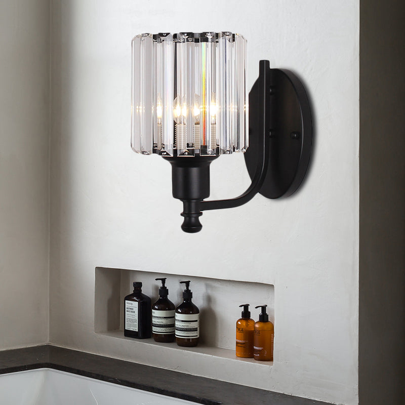 Contemporary Cylinder Wall Light Sconce Crystal Rectangle 1 Light Bedroom Sconce Light with Black/Gold Backplate Clearhalo 'Cast Iron' 'Glass' 'Industrial' 'Modern wall lights' 'Modern' 'Tiffany' 'Traditional wall lights' 'Wall Lamps & Sconces' 'Wall Lights' Lighting' 221541