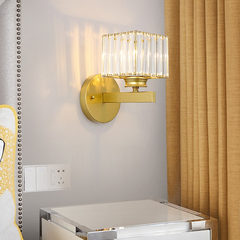 Cubic Wall Mount Light Postmodern Crystal Block 1 Light Bedroom Sconce Light with Brass/Black Backplate Clearhalo 'Modern wall lights' 'Modern' 'Wall Lamps & Sconces' 'Wall Lights' Lighting' 221542