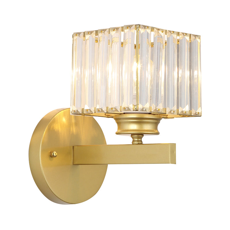 Cubic Wall Mount Light Postmodern Crystal Block 1 Light Bedroom Sconce Light with Brass/Black Backplate Clearhalo 'Modern wall lights' 'Modern' 'Wall Lamps & Sconces' 'Wall Lights' Lighting' 221544