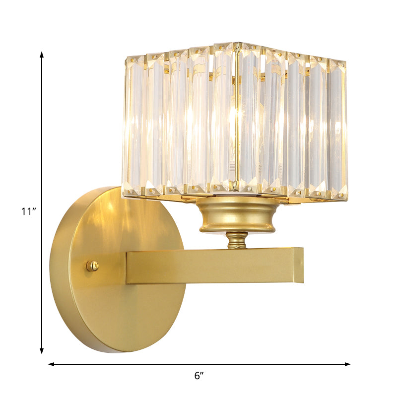 Cubic Wall Mount Light Postmodern Crystal Block 1 Light Bedroom Sconce Light with Brass/Black Backplate Clearhalo 'Modern wall lights' 'Modern' 'Wall Lamps & Sconces' 'Wall Lights' Lighting' 221545