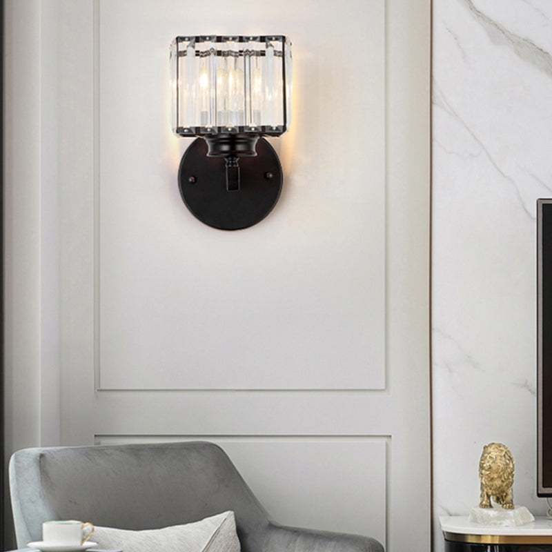 Cubic Wall Mount Light Postmodern Crystal Block 1 Light Bedroom Sconce Light with Brass/Black Backplate Black Clearhalo 'Modern wall lights' 'Modern' 'Wall Lamps & Sconces' 'Wall Lights' Lighting' 221547