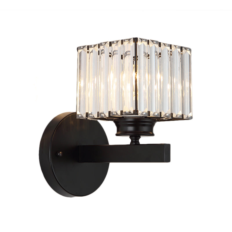 Cubic Wall Mount Light Postmodern Crystal Block 1 Light Bedroom Sconce Light with Brass/Black Backplate Clearhalo 'Modern wall lights' 'Modern' 'Wall Lamps & Sconces' 'Wall Lights' Lighting' 221549