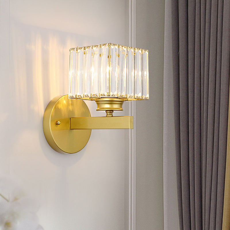 Cubic Wall Mount Light Postmodern Crystal Block 1 Light Bedroom Sconce Light with Brass/Black Backplate Brass Clearhalo 'Modern wall lights' 'Modern' 'Wall Lamps & Sconces' 'Wall Lights' Lighting' 221550