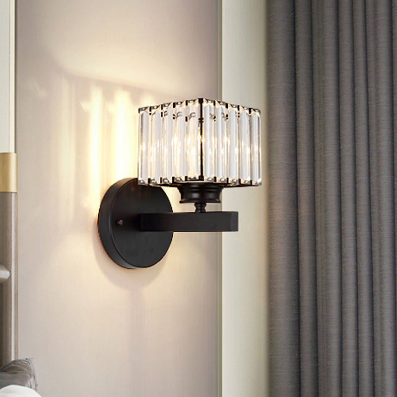 Cubic Wall Mount Light Postmodern Crystal Block 1 Light Bedroom Sconce Light with Brass/Black Backplate Clearhalo 'Modern wall lights' 'Modern' 'Wall Lamps & Sconces' 'Wall Lights' Lighting' 221552