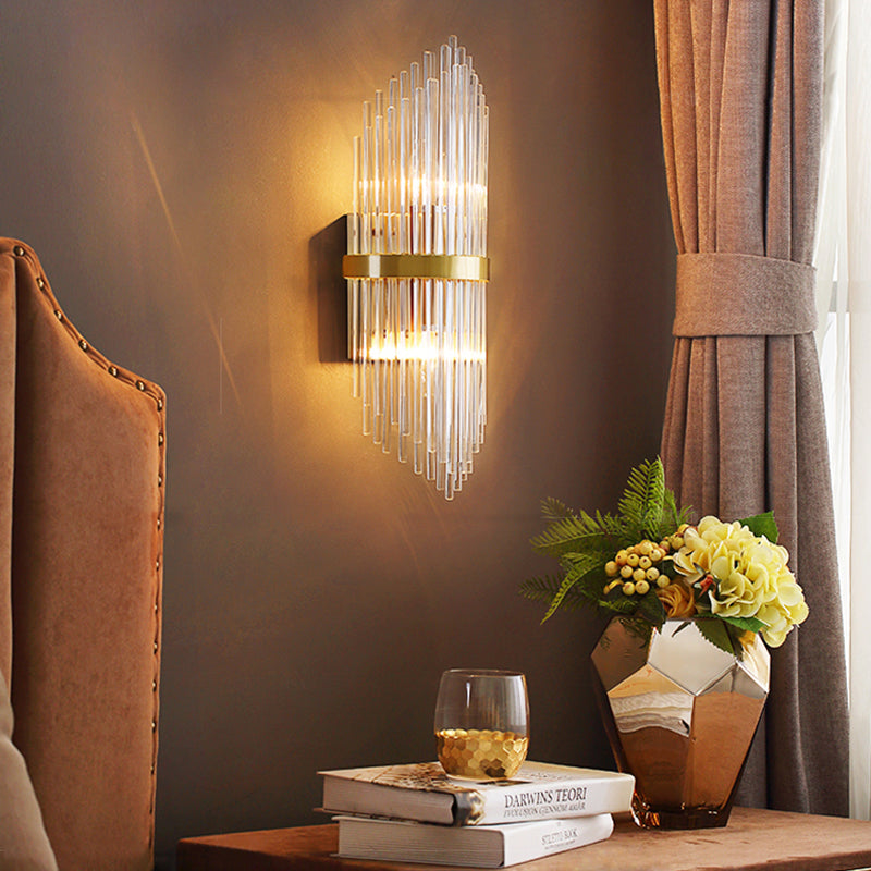 3 Lights Bedroom Wall Light Sconce Modern Brass Sconce Light with Cylinder Fluted Glass Shade, 7/9.5" Wide Brass 9.5" Clearhalo 'Modern wall lights' 'Modern' 'Wall Lamps & Sconces' 'Wall Lights' Lighting' 221555