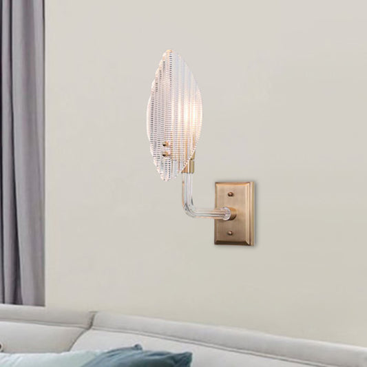 Leaf Wall Light Fixture Contemporary Textured Glass 1/2 Lights Living Room Sconce Light with Brass Backplate Clearhalo 'Cast Iron' 'Glass' 'Industrial' 'Modern wall lights' 'Modern' 'Tiffany' 'Traditional wall lights' 'Wall Lamps & Sconces' 'Wall Lights' Lighting' 221577