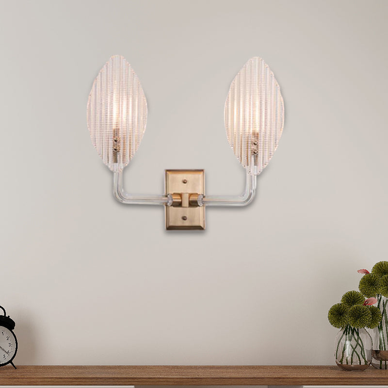 Leaf Wall Light Fixture Contemporary Textured Glass 1/2 Lights Living Room Sconce Light with Brass Backplate 2.0 Brass Clearhalo 'Cast Iron' 'Glass' 'Industrial' 'Modern wall lights' 'Modern' 'Tiffany' 'Traditional wall lights' 'Wall Lamps & Sconces' 'Wall Lights' Lighting' 221581