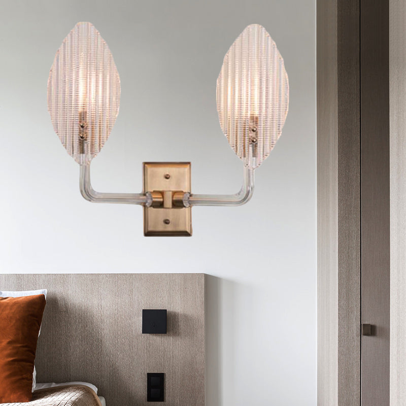 Leaf Wall Light Fixture Contemporary Textured Glass 1/2 Lights Living Room Sconce Light with Brass Backplate Clearhalo 'Cast Iron' 'Glass' 'Industrial' 'Modern wall lights' 'Modern' 'Tiffany' 'Traditional wall lights' 'Wall Lamps & Sconces' 'Wall Lights' Lighting' 221586