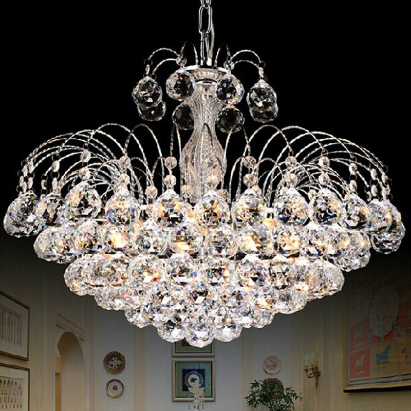 Modern 8 Lights Hanging Ceiling Light Chrome/Gold Cascade Chandelier Light with Faceted Crystal Ball Shade, 16"/19.5" Wide Chrome 19.5" Clearhalo 'Ceiling Lights' 'Chandeliers' 'Modern Chandeliers' 'Modern' Lighting' 221617