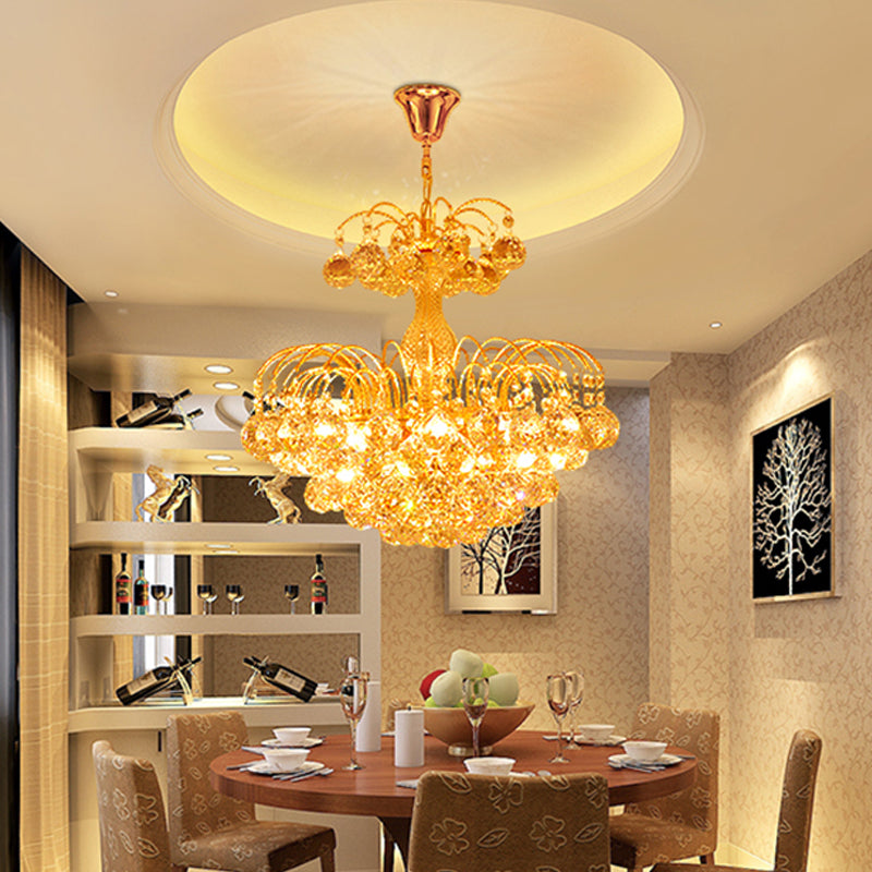 Modern 8 Lights Hanging Ceiling Light Chrome/Gold Cascade Chandelier Light with Faceted Crystal Ball Shade, 16"/19.5" Wide Clearhalo 'Ceiling Lights' 'Chandeliers' 'Modern Chandeliers' 'Modern' Lighting' 221620