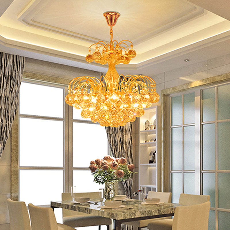 Modern 8 Lights Hanging Ceiling Light Chrome/Gold Cascade Chandelier Light with Faceted Crystal Ball Shade, 16"/19.5" Wide Clearhalo 'Ceiling Lights' 'Chandeliers' 'Modern Chandeliers' 'Modern' Lighting' 221621