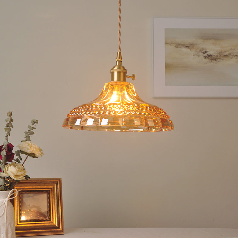 Amber Glass Pot Lid Hanging Light Simplicity 1 Bulb Restaurant Pendant Light Fixture Clearhalo 'Ceiling Lights' 'Lighting' 'Pendant Lights' 2216457_a02535f6-28ae-47e5-8fd5-26e2beef236c