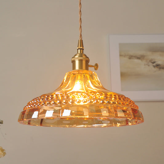 Amber Glass Pot Lid Hanging Light Simplicity 1 Bulb Restaurant Pendant Light Fixture Clearhalo 'Ceiling Lights' 'Lighting' 'Pendant Lights' 2216458_3b70344e-23d7-4ee5-a165-a22be3380695