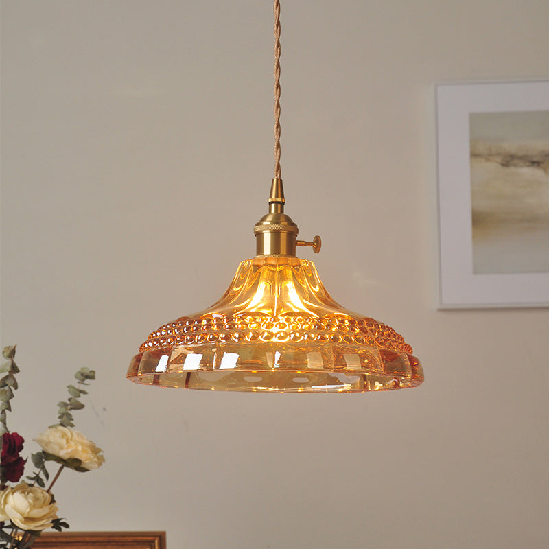 Amber Glass Pot Lid Hanging Light Simplicity 1 Bulb Restaurant Pendant Light Fixture Clearhalo 'Ceiling Lights' 'Lighting' 'Pendant Lights' 2216459_4f2a6fc0-f9fa-421a-b0b3-6eb4ab414c8e