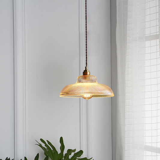 Retro Style Pot Cover Hanging Lamp Single-Bulb Clear Ribbed Glass Lighting Pendant for Dining Room Clear Clearhalo 'Ceiling Lights' 'Glass shade' 'Glass' 'Industrial Pendants' 'Industrial' 'Middle Century Pendants' 'Pendant Lights' 'Pendants' 'Tiffany' Lighting' 2216461