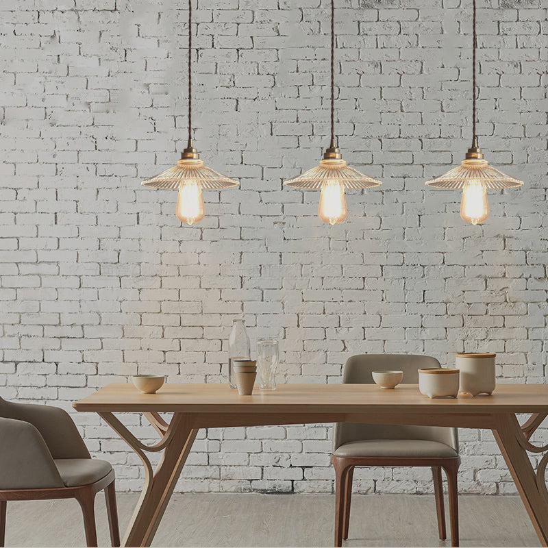 Clear Ribbed Glass Conical Suspension Lighting Retro Style Single Dining Room Pendant Ceiling Light Clearhalo 'Ceiling Lights' 'Glass shade' 'Glass' 'Industrial Pendants' 'Industrial' 'Middle Century Pendants' 'Pendant Lights' 'Pendants' 'Tiffany' Lighting' 2216478