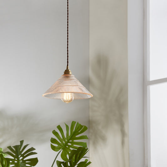 Single-Bulb Hanging Lamp Vintage Cone Ribbed Clear Glass Lighting Pendant for Dining Room Clear Clearhalo 'Ceiling Lights' 'Glass shade' 'Glass' 'Industrial Pendants' 'Industrial' 'Middle Century Pendants' 'Pendant Lights' 'Pendants' 'Tiffany' Lighting' 2216487