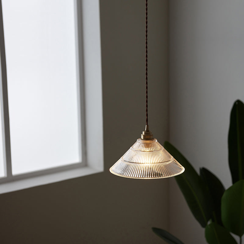 Single-Bulb Hanging Lamp Vintage Cone Ribbed Clear Glass Lighting Pendant for Dining Room Clearhalo 'Ceiling Lights' 'Glass shade' 'Glass' 'Industrial Pendants' 'Industrial' 'Middle Century Pendants' 'Pendant Lights' 'Pendants' 'Tiffany' Lighting' 2216488