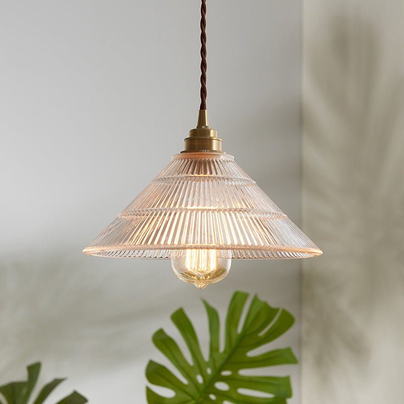 Single-Bulb Hanging Lamp Vintage Cone Ribbed Clear Glass Lighting Pendant for Dining Room Clearhalo 'Ceiling Lights' 'Glass shade' 'Glass' 'Industrial Pendants' 'Industrial' 'Middle Century Pendants' 'Pendant Lights' 'Pendants' 'Tiffany' Lighting' 2216489