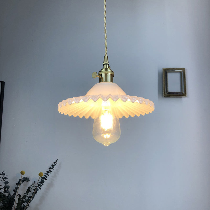 Ribbed Glass Cone Pendant Lighting Antique 1-Light Restaurant Hanging Light Fixture Cream Clearhalo 'Ceiling Lights' 'Glass shade' 'Glass' 'Industrial Pendants' 'Industrial' 'Middle Century Pendants' 'Pendant Lights' 'Pendants' 'Tiffany' Lighting' 2216518