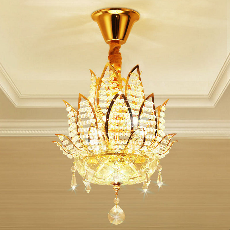 3 Lights Hallway Chandelier Light with Lotus Faceted Crystal Ball Shade Modern Gold Hanging Light Clearhalo 'Ceiling Lights' 'Chandeliers' 'Modern Chandeliers' 'Modern' Lighting' 221656