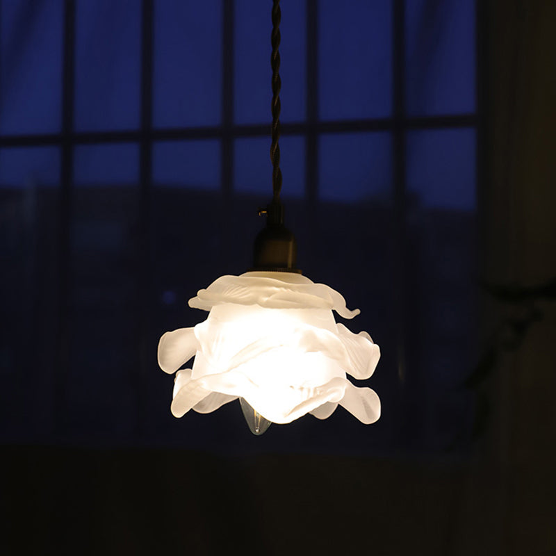 Textured White Glass Petal Hanging Lamp Vintage Single-Bulb Bedroom Lighting Pendant Clearhalo 'Ceiling Lights' 'Glass shade' 'Glass' 'Industrial Pendants' 'Industrial' 'Middle Century Pendants' 'Pendant Lights' 'Pendants' 'Tiffany' Lighting' 2216561