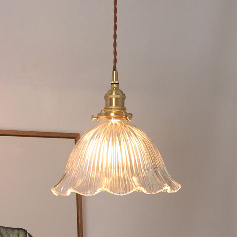 Floral Shade Clear Ribbed Glass Suspension Light Simplicity Living Room Pendant Light Fixture Clearhalo 'Ceiling Lights' 'Glass shade' 'Glass' 'Industrial Pendants' 'Industrial' 'Middle Century Pendants' 'Pendant Lights' 'Pendants' 'Tiffany' Lighting' 2216569