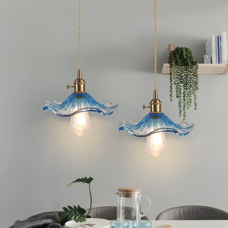 1��Bulb Hanging Light Retro Style Floral Textured Glass Pendant Light Fixture for Dining Room Blue A Clearhalo 'Ceiling Lights' 'Glass shade' 'Glass' 'Industrial Pendants' 'Industrial' 'Middle Century Pendants' 'Pendant Lights' 'Pendants' 'Tiffany' Lighting' 2216602