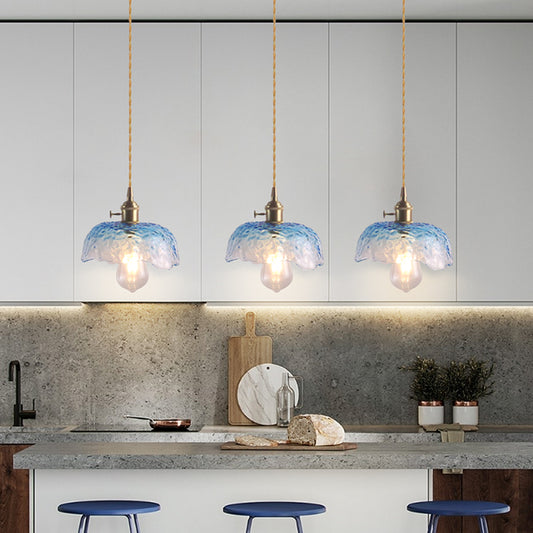 1��Bulb Hanging Light Retro Style Floral Textured Glass Pendant Light Fixture for Dining Room Blue C Clearhalo 'Ceiling Lights' 'Glass shade' 'Glass' 'Industrial Pendants' 'Industrial' 'Middle Century Pendants' 'Pendant Lights' 'Pendants' 'Tiffany' Lighting' 2216603