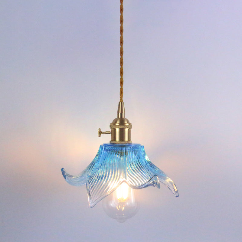 1��Bulb Hanging Light Retro Style Floral Textured Glass Pendant Light Fixture for Dining Room Blue D Clearhalo 'Ceiling Lights' 'Glass shade' 'Glass' 'Industrial Pendants' 'Industrial' 'Middle Century Pendants' 'Pendant Lights' 'Pendants' 'Tiffany' Lighting' 2216606
