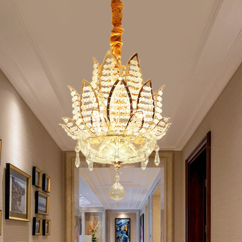 3 Lights Hallway Chandelier Light with Lotus Faceted Crystal Ball Shade Modern Gold Hanging Light Gold Clearhalo 'Ceiling Lights' 'Chandeliers' 'Modern Chandeliers' 'Modern' Lighting' 221661