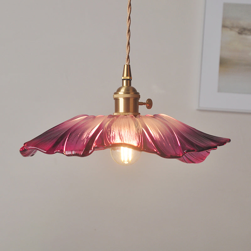 Vintage Floral Hanging Lamp Single-Bulb Ribbed Glass Lighting Pendant for Restaurant Clearhalo 'Ceiling Lights' 'Close To Ceiling Lights' 'Glass shade' 'Glass' 'Industrial Pendants' 'Industrial' 'Middle Century Pendants' 'Pendant Lights' 'Pendants' 'Tiffany' Lighting' 2216617