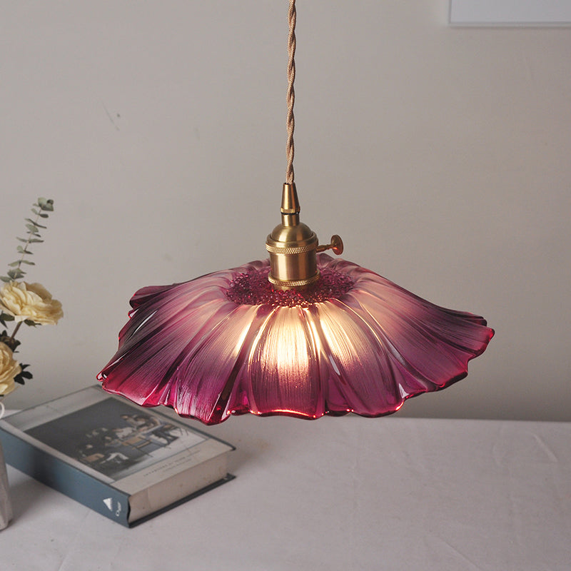 Vintage Floral Hanging Lamp Single-Bulb Ribbed Glass Lighting Pendant for Restaurant Clearhalo 'Ceiling Lights' 'Close To Ceiling Lights' 'Glass shade' 'Glass' 'Industrial Pendants' 'Industrial' 'Middle Century Pendants' 'Pendant Lights' 'Pendants' 'Tiffany' Lighting' 2216620
