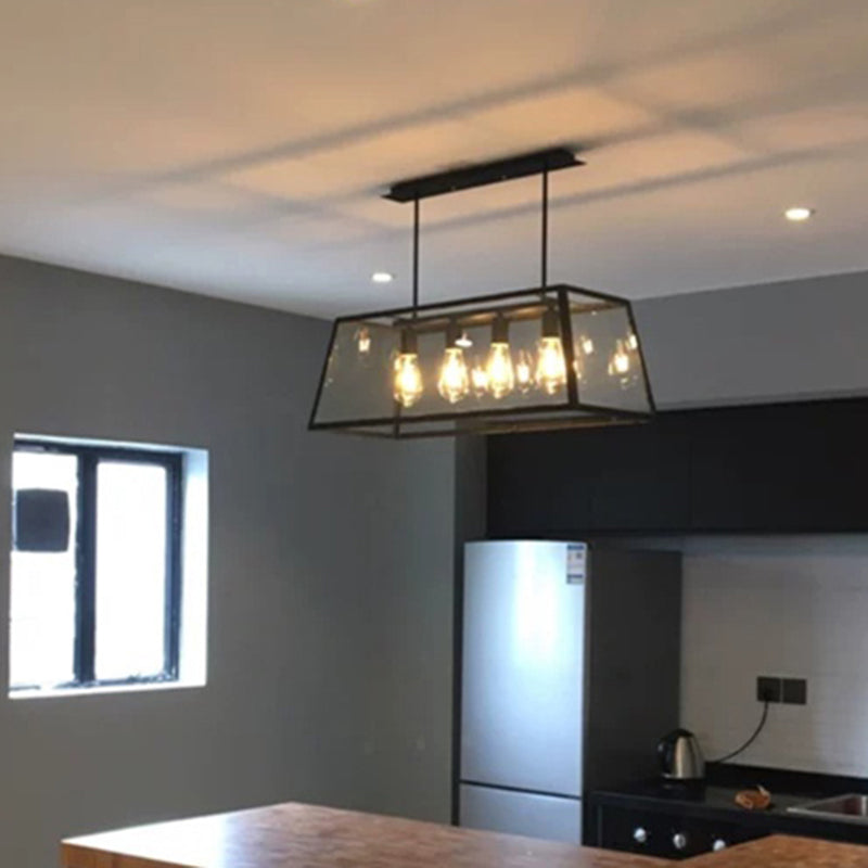 Trapezoid Clear Glass Pendant Light Antique 4 Heads Dining Room Hanging Island Light in Black Black Clearhalo 'Ceiling Lights' 'Island Lights' Lighting' 2216623