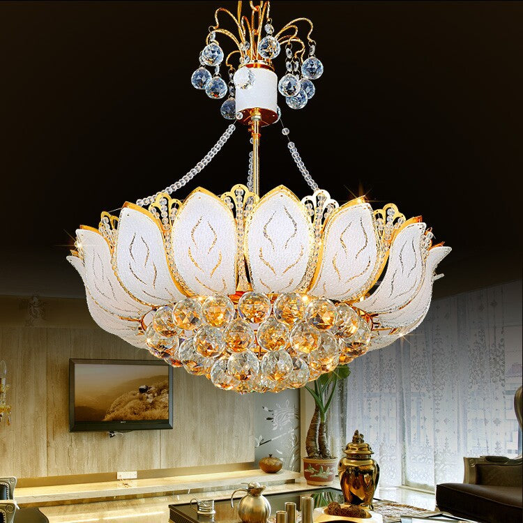 Lotus Hanging Light Fixture Contemporary Faceted Crystal Ball 3/Multi Lights Gold Chandelier Light, 16"/19.5"/23.5" Wide Gold 19.5" Clearhalo 'Ceiling Lights' 'Chandeliers' 'Modern Chandeliers' 'Modern' Lighting' 221663