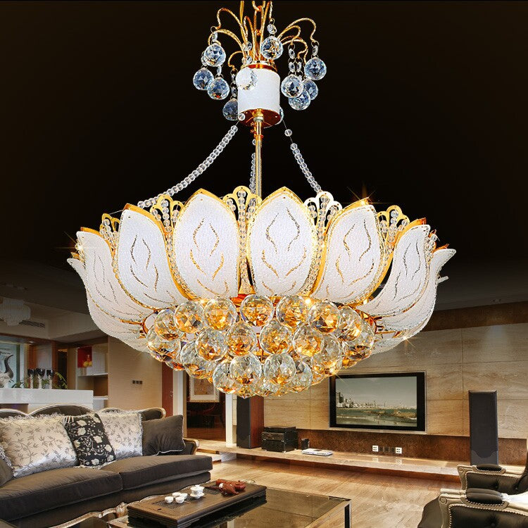 Lotus Hanging Light Fixture Contemporary Faceted Crystal Ball 3/Multi Lights Gold Chandelier Light, 16"/19.5"/23.5" Wide Gold 16" Clearhalo 'Ceiling Lights' 'Chandeliers' 'Modern Chandeliers' 'Modern' Lighting' 221664