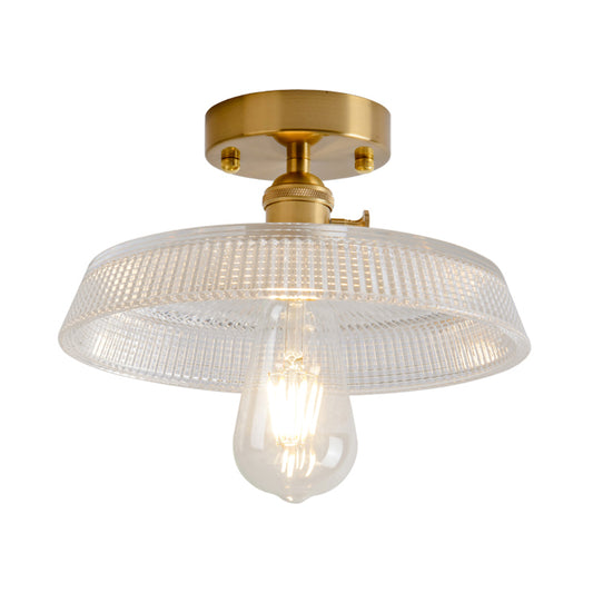 Single Textured Glass Flush Mount Light Retro Style Gold Shaded Corridor Semi Flush Ceiling Light Clearhalo 'Ceiling Lights' 'Close To Ceiling Lights' 'Close to ceiling' 'Glass shade' 'Glass' 'Semi-flushmount' Lighting' 2216641