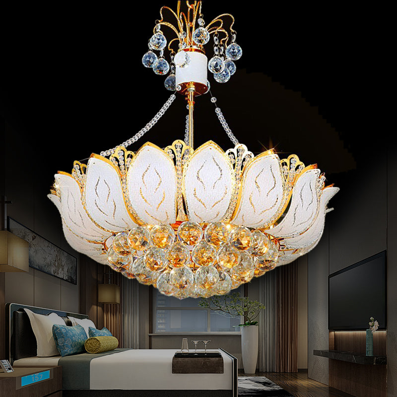 Lotus Hanging Light Fixture Contemporary Faceted Crystal Ball 3/Multi Lights Gold Chandelier Light, 16"/19.5"/23.5" Wide Clearhalo 'Ceiling Lights' 'Chandeliers' 'Modern Chandeliers' 'Modern' Lighting' 221665